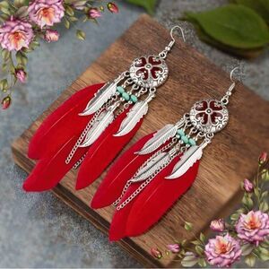 Bohemian Red Feather drop‎ Earrings